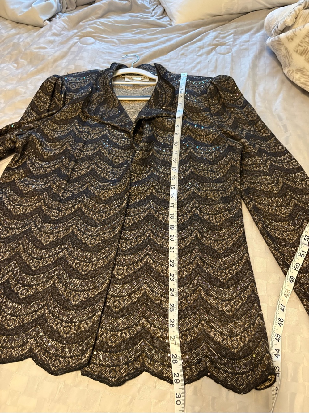St. John Couture Black and Gold Scalloped Lace-Effect Blazer and skirt set.